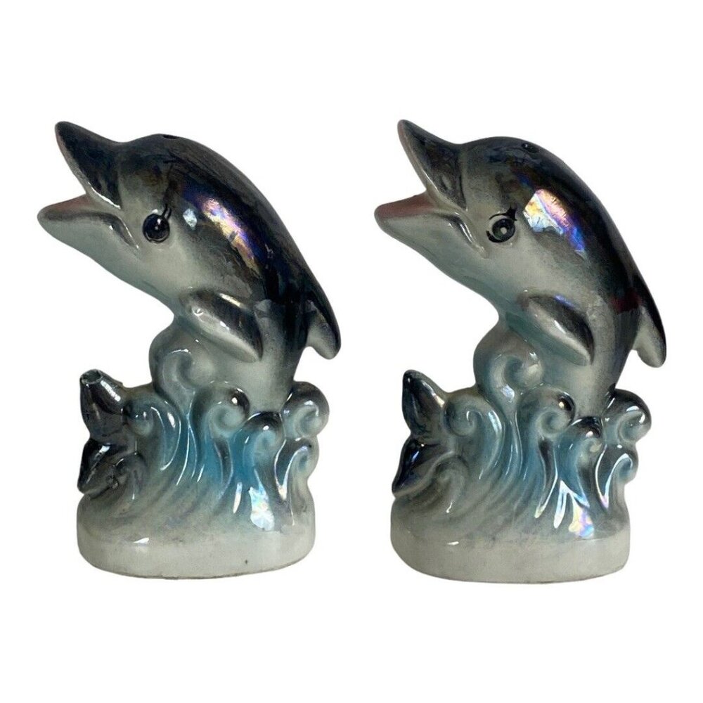 VTG Ceramic Iridescent Dolphins Salt & Pepper Shaker Set Japan Lusterware Nanco